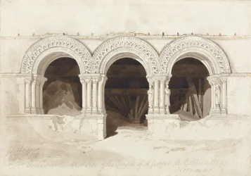 Bögen auf der Westseite des Kreuzgangs von St. Georges de Boscherville, in der Nähe von Rouen, Normandie