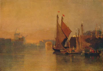 Blick von der Yarmouth-Brücke, Norfolk, Blick auf Breydon, kurz nach Sonnenuntergang, ca. 1823