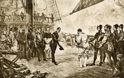 Der Admiral der spanischen Armada übergibt sein Schwert an Francis Drake