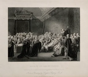Der Tod von William Pitt, Lord Chatham, im Oberhaus des Palace of Westminster, 1778. Kupferstich nach J. Copley, 1779.