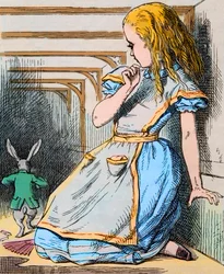 Alice und das Weiße Kaninchen. Illustration von John Tenniel aus der Erstausgabe von Lewis Carrolls „Alice im Wunderland“, 1865 - Illustration für die Erzählung „Alice im Wunderland“ von Lewis Carroll (Charles Lutwidge Dodgson)