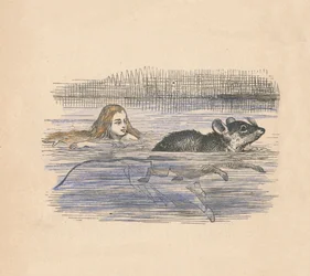 Alice schwimmt mit einer Maus in einem Teich, 1889