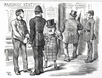Karikatur über die Forderungen nach einem Blocksystem-Signal, das auf den britischen Eisenbahnen verpflichtend eingeführt werden soll