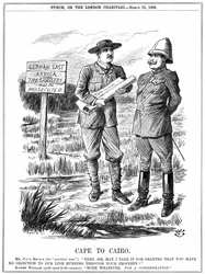 Cecil John Rhodes bittet den deutschen Kaiser um Erlaubnis, eine Telegrafenleitung durch Deutsch-Ostafrika zu verlegen. Cape To Cairo, Karikatur von John Tenniel aus 