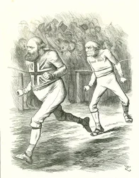 Das Ende: Parlamentswahl 1886. Gladstone (Liberale) ging wegen seines Home-Rule-Gesetzes für Irland ins Land. Salisbury (konservative Opposition) schlägt Gladstone ins Ziel. John Tenniel Karikatur aus Punch, London