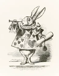 Das weiße Kaninchen mit Trompete und Schriftrolle, das die Anklage verkündet, aus 