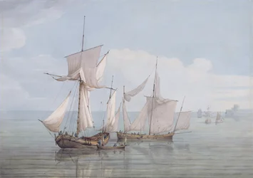 Eine Hoy und eine Lugger mit anderen Schiffen auf ruhiger See