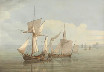 Eine Hoy und ein Lugger mit anderen Schiffen auf ruhiger See