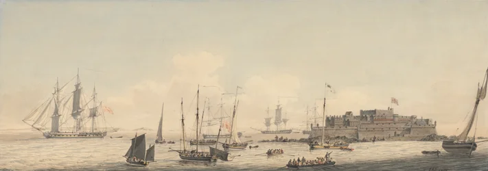Ansicht von Castle Cornet, Guernsey, Kanalinseln, mit Schiffen