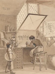 Hogarth graviert das Schild seines Meisters, das Zeichen des Engels