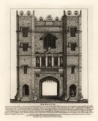 Newgate, wieder aufgebaut 1672 nach dem Großen Brand von London, mit drei Figuren: Gerechtigkeit, Tapferkeit und Klugheit vom ehemaligen Tor, das vom Bürgermeister von London Richard Whittington erbaut wurde