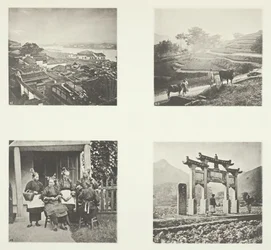 Teil der Foochow-Ausländersiedlung, Terrassierung der Hügel, Foochow-Feldfrauen, ein Gedenkbogen, um 1868