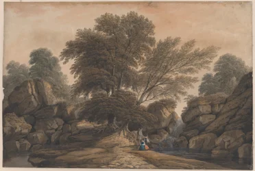Figuren neben einem Wasserfall und einem Teich in einer bewaldeten Landschaft