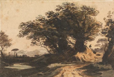 Landschaft mit einer Baumgruppe nahe einer Straße und einem Bach