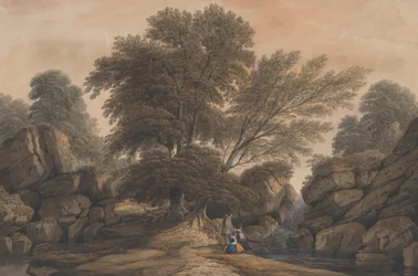 Figuren neben einem Wasserfall und Teich in einer bewaldeten Landschaft