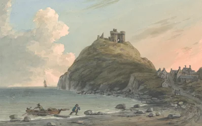 Ruinen von Criccieth Castle und Teil der Stadt an der Bucht von Cardigan. Ostansicht, Caernarfonshire