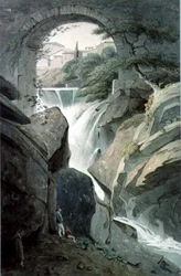 Die Wasserfälle von Tivoli mit drei Figuren im Vordergrund
