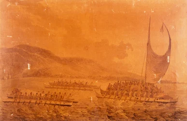 Kanus auf dem Weg, um Kapitän James Cook zu treffen