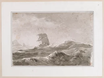 Zeichnung eines europäischen Schiffes unter Segeln in schwerer See; wahrscheinlich nicht eines von Cooks Schiffen. Gefertigt während Captain Cooks dritter Reise.