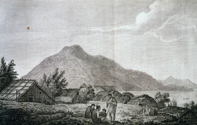 Im Hippah auf der Insel Motuara, basierend auf einer Zeichnung von John Webber (1750-1793), aus dem Bericht über die letzte Reise von James Cook (1776-1779), Gravur
