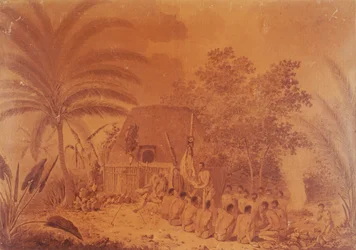 Opfergaben für Kapitän James Cook, Gravur von John Webber, Polynesien 18. Jahrhundert