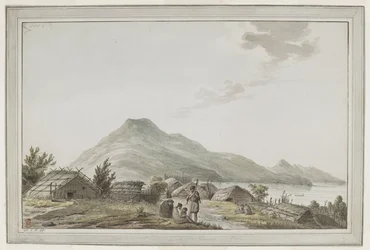 [Gesamte Zeichnung] Ansicht des Hippah, oder befestigtes Dorf, am südwestlichen Punkt von Motuara im Queen Charlotte Sound. Die Ansicht blickt nach Norden, mit Motuara im Hintergrund. Die Zeichnung könnte aus Captain Cooks Besuch am 15. Februar 1777 result