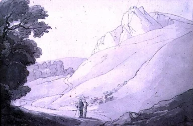 Hügelige Landschaft mit zwei Figuren