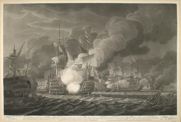 An den EARL von S.T VINCENT die OFFIZIERE & BESATZUNG, unter dem Kommando seiner Lordschaft diese Ansicht der tapferen Aktion, die am 14. Februar 1797 von einem britischen Geschwader von fünfzehn Linienschiffen & Fregatten vor Kap St. Vincent gekämpft wurd