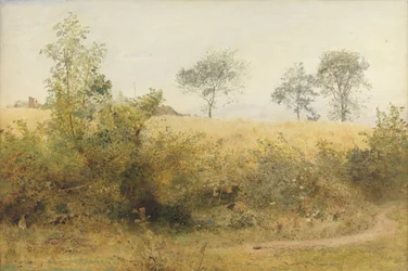 Die Fledermaus beginnt mit schwindelndem Flügel - Gerstenfeld über der Hecke, 1885