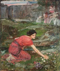 Eine Studie: Mädchen pflücken Blumen an einem Bach, ca. 1909-1914