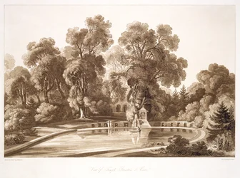 Ansicht des Tempelbrunnens und der Höhle, Sezincote, graviert von Frederick Christian Lewis Snr., c.1817-18