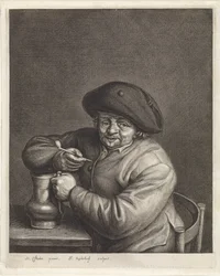 Bauer mit Pfeife und Krug in der Hand an einem Tisch