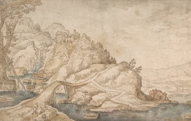 Hügelige Landschaft mit Fluss, Brücke und Häusern mit zwei Figuren links, spätes 16. bis mittleres 17. Jahrhundert