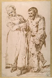 Die Schritte eines alten Bauern, geführt von seiner Frau