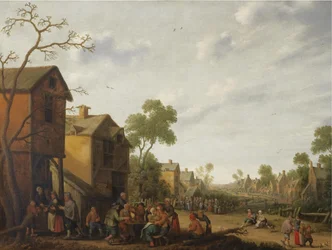 Eine Dorfszene mit Bauern, die draußen vor einem Gasthaus essen und trinken, Bettler links