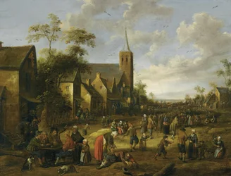 Eine belebte Dorfstraße mit zahlreichen Figuren, Bauern essen und trinken an einem Tisch im Vordergrund, ein Kirchturm dahinter