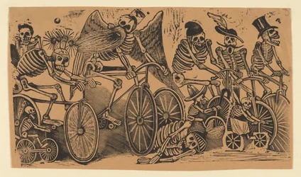 Skelette calaveras auf Fahrrädern, ca. 1900