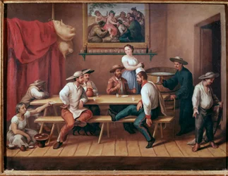 Eine Pulquería-Taverne in Südamerika, am Tisch sitzende Gäste trinken Pulque (traditionelles mesoamerikanisches alkoholisches Getränk) (Gasthaus mit Pulque-Trinkern). 19. Jahrhundert, Mexiko-Stadt, Nationalmuseum für Geschichte, Schloss Chapultepec