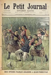 Zwei französische Offiziere, die in Quang-Tcheou-Wan von Chinesen ermordet wurden, Titelseite aus „Le Petit Journal“, 3. Dezember 1899