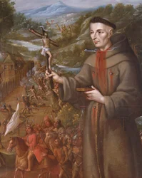 Zerstörung der Mission von St. Saba in Texas durch die Indianer und Martyrium des Franziskanermönchs Jose de Sanriesban (Detail)