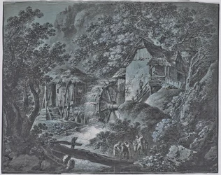 Mühle in Waldlandschaft mit mehreren Personen und einem Riesen