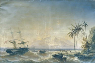 Kriegsschiff vor den Südseeinseln
