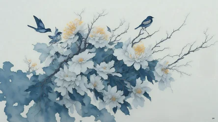 Tuschemalerei: Chrysanthemenblume in Blau_02