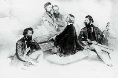 Matinee im Haus von Liszt, von links nach rechts, Kriehuber, Komponist Hector Berlioz, Carl Czerny, Liszts Lehrer, Franz Liszt und Geiger Heinrich Wilhelm Ernst, Lithographie von Josef Kriehuber