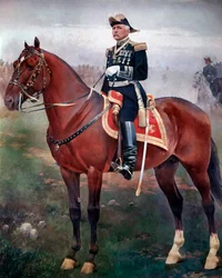 Reiterporträt von Porfirio Díaz (1828-1915), Revolutionär und mexikanischer Präsident. Gemälde von José Cusachs (1851-1908). Mexiko-Stadt, Nationalmuseum für Geschichte, Schloss Chapultepec