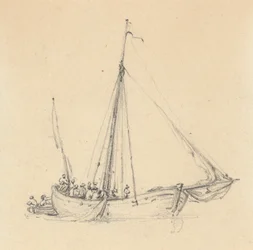 Einzelner Ketch, Bug vorwärts; Ruderboot dahinter