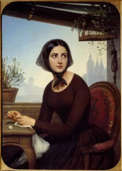 Lustig aussehend, um sich in Abwesenheit von Germain zu unterhalten (Illustration für „Les mysteres de Paris“ von Eugene Sue) (Gemälde von Joseph-Desire Court, 1844)