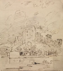 Schloss mit einem runden Turm über einem Fluss