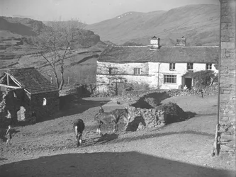 Drei junge Jungen beobachten Pferde im Bauernhof in Kentmere mit Bauernhaus und Hügeln dahinter
