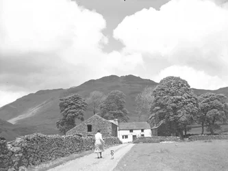 Frau und Hund gehen Weg zu Dalehead Farm hinunter
